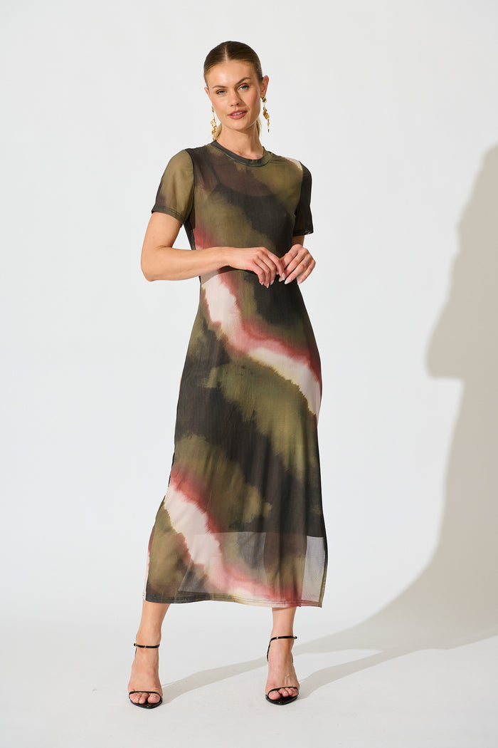 Ainsleigh Midi Dress in Green Multi Ombre Mesh full length
