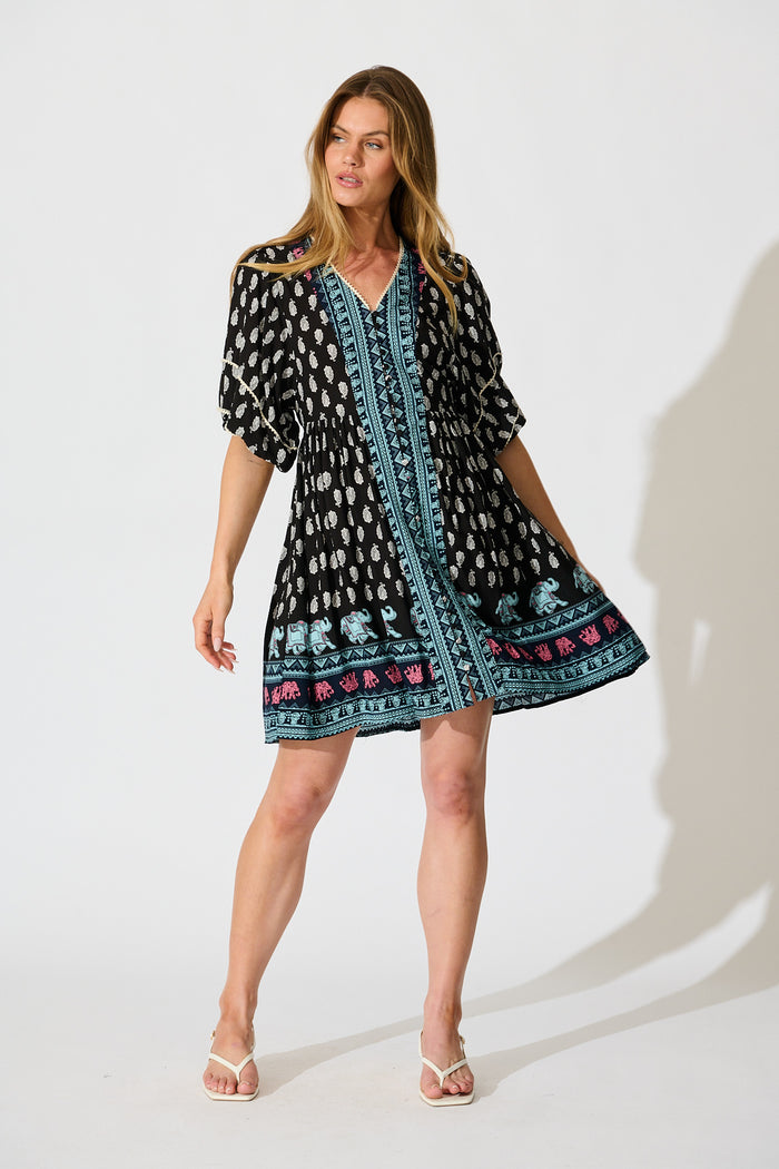 Solis Dress in Black with Multi Boho Print full length