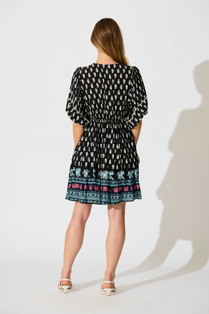 Solis Dress in Black with Multi Boho Print back