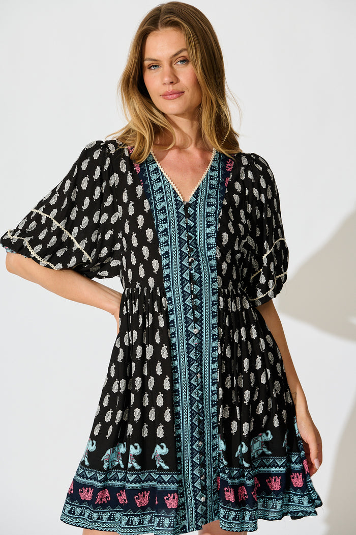 Solis Dress in Black with Multi Boho Print front