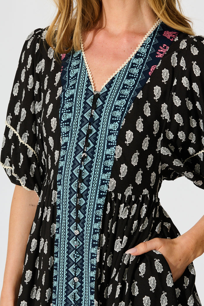 Solis Dress in Black with Multi Boho Print detail