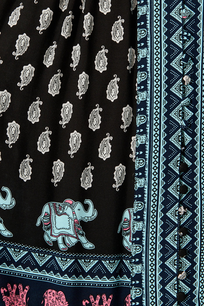Solis Dress in Black with Multi Boho Print fabric