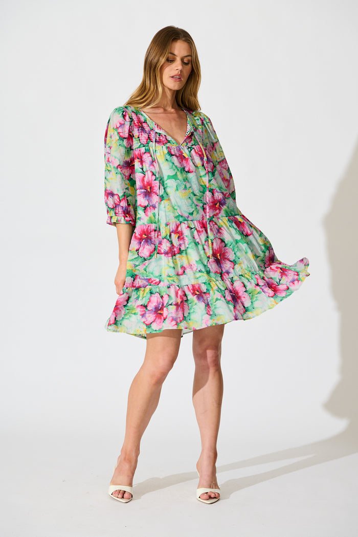 Mattea Smock Dress in Green with Multi Floral full length
