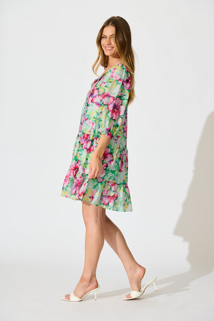 Mattea Smock Dress in Green with Multi Floral side