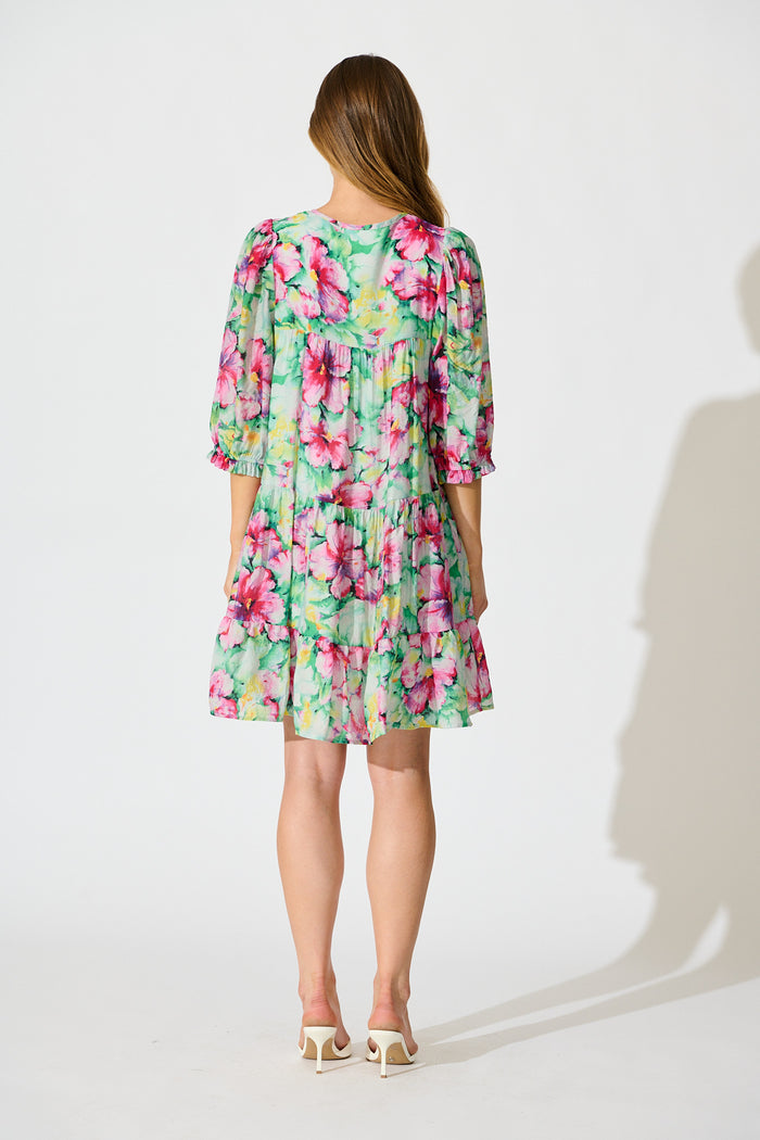 Mattea Smock Dress in Green with Multi Floral back