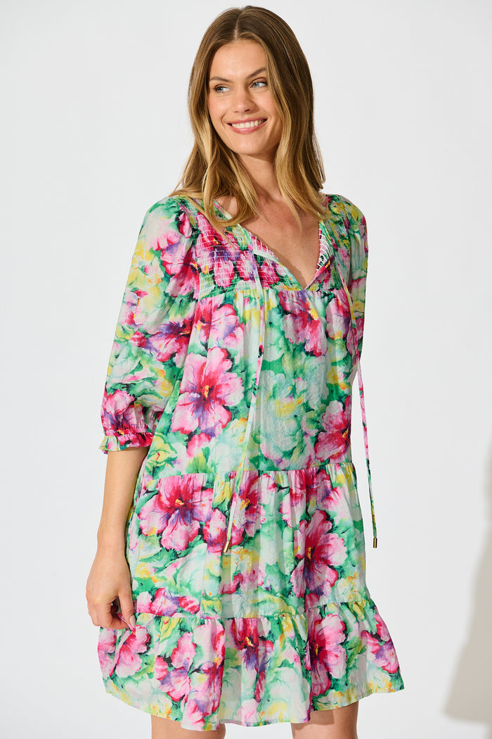 Mattea Smock Dress in Green with Multi Floral front