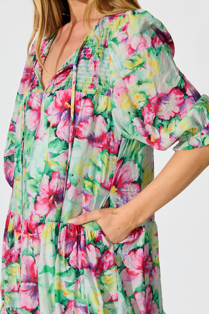 Mattea Smock Dress in Green with Multi Floral detail