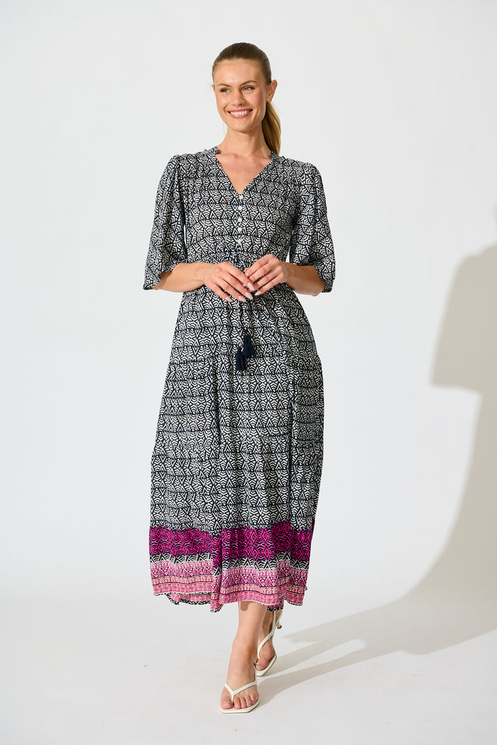 Kastor Maxi Dress in Navy Multi Print full length