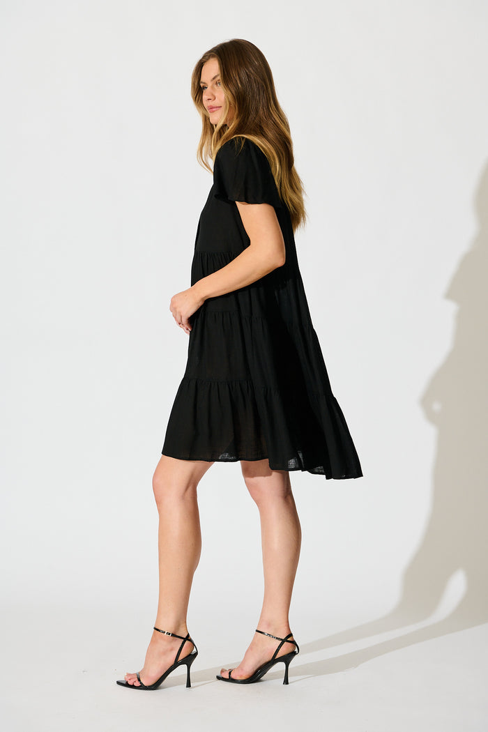 Harlene Smock Dress in Black Linen Blend side
