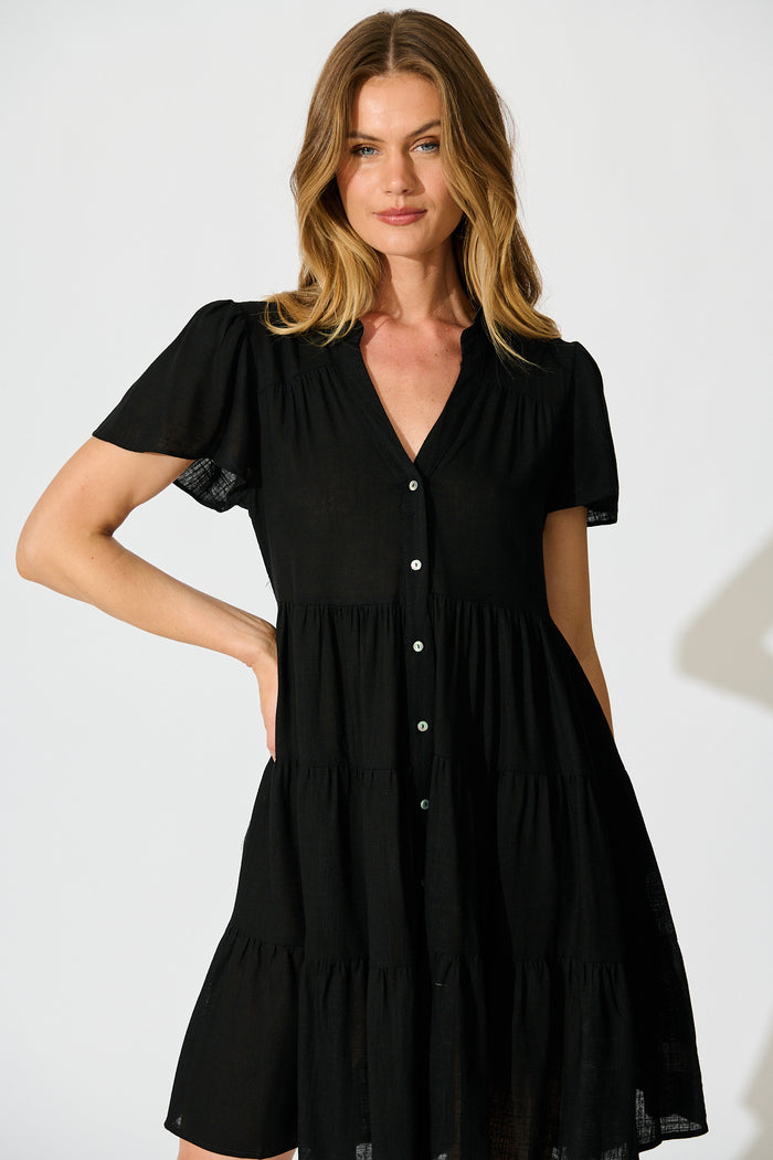 Harlene Smock Dress in Black Linen Blend front