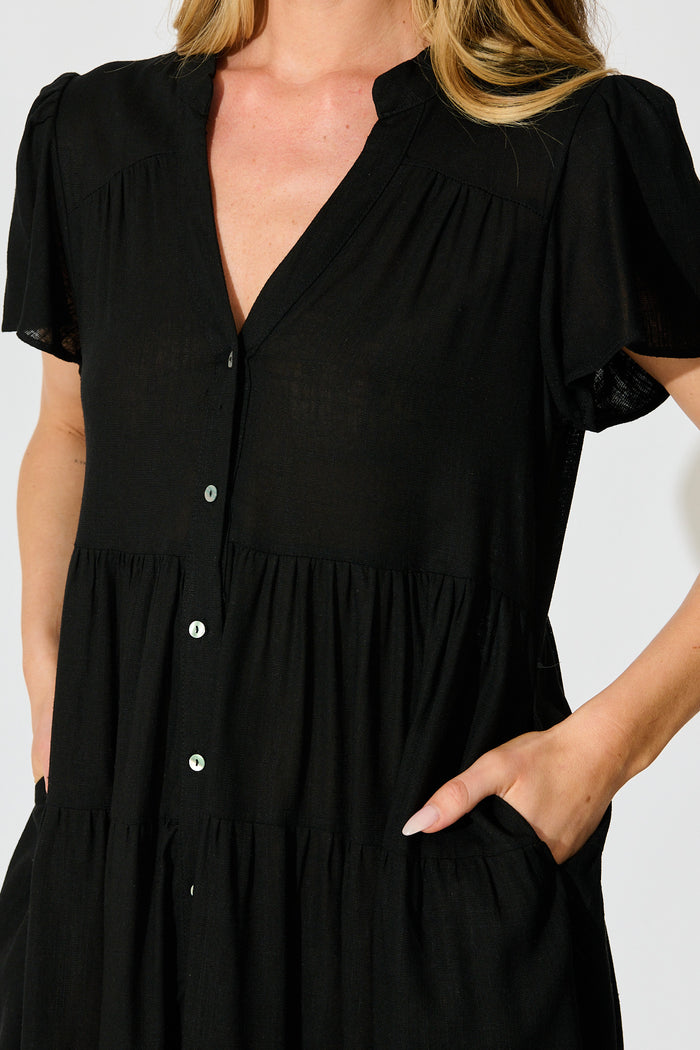 Harlene Smock Dress in Black Linen Blend detail