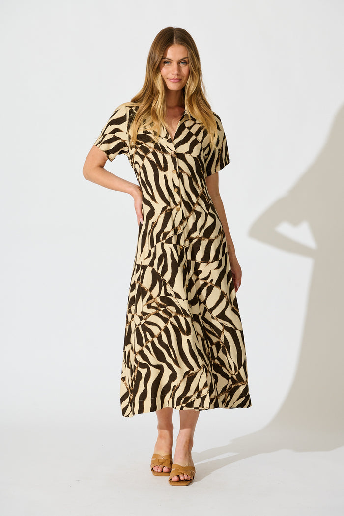 Amelita Midi Shirt Dress in Abstract Black and Beige Linen Blend full length