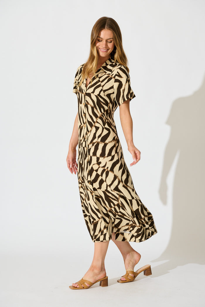 Amelita Midi Shirt Dress in Abstract Black and Beige Linen Blend side