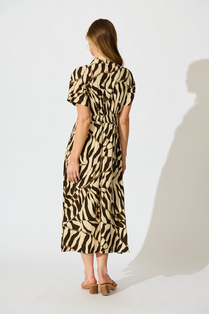 Amelita Midi Shirt Dress in Abstract Black and Beige Linen Blend back