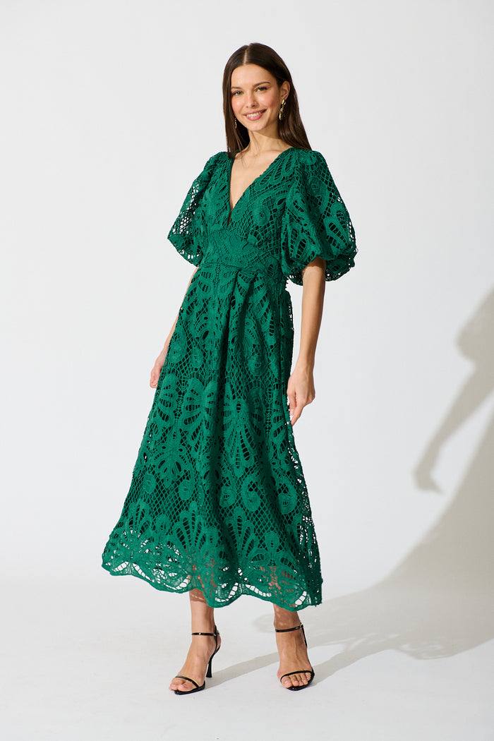 Serene Melody Lace Maxi Dress In Emerald full length