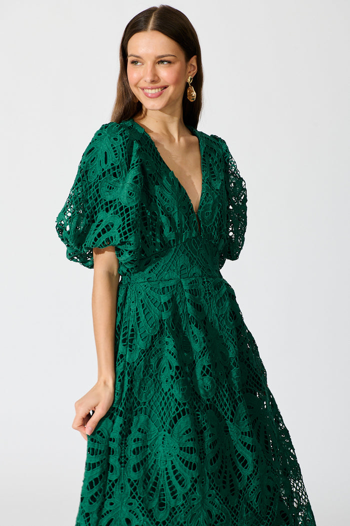Serene Melody Lace Maxi Dress In Emerald front