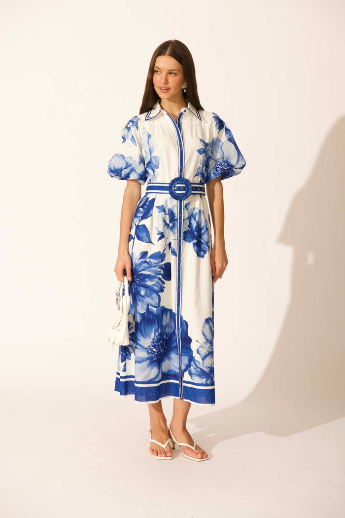 Zaraya Maxi Shirt Dress in Blue Floral Border Print Cotton full length