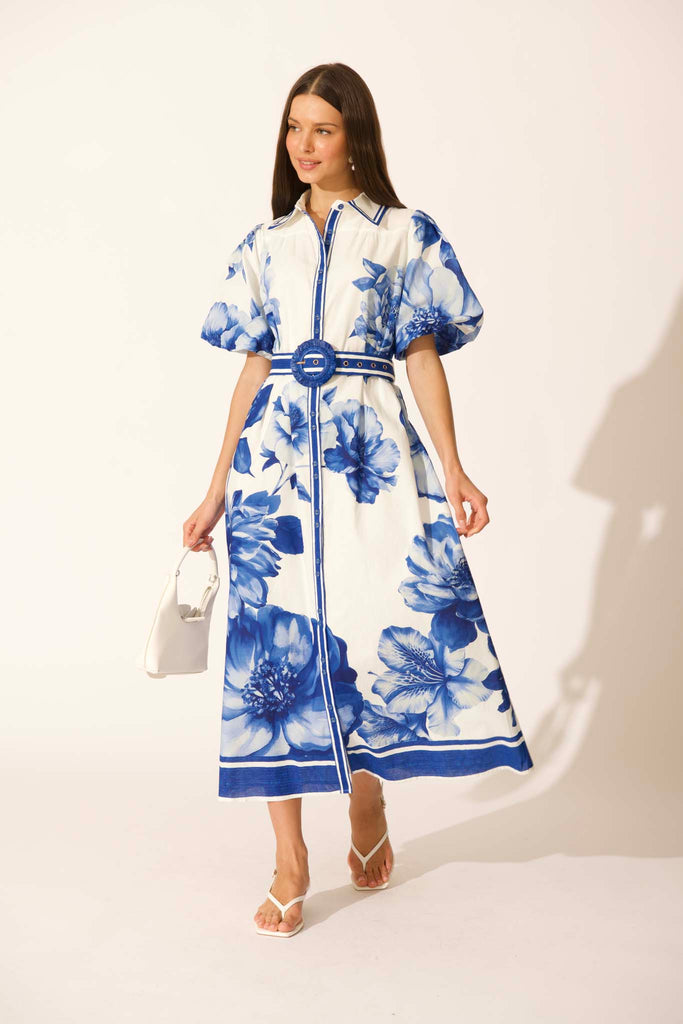 Zaraya Maxi Shirt Dress in Blue Floral Border Print Cotton full length