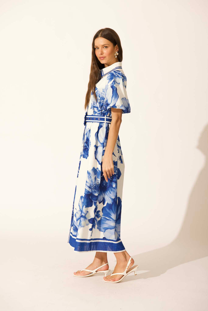 Zaraya Maxi Shirt Dress in Blue Floral Border Print Cotton side