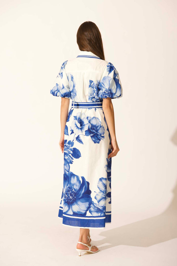 Zaraya Maxi Shirt Dress in Blue Floral Border Print Cotton back