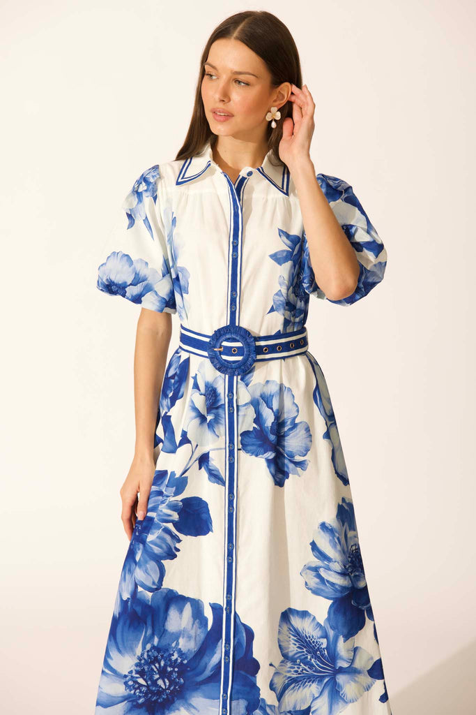 Zaraya Maxi Shirt Dress in Blue Floral Border Print Cotton front