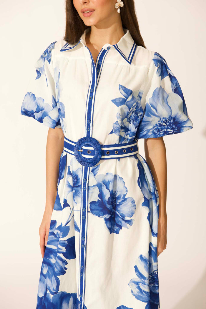 Zaraya Maxi Shirt Dress in Blue Floral Border Print Cotton detail