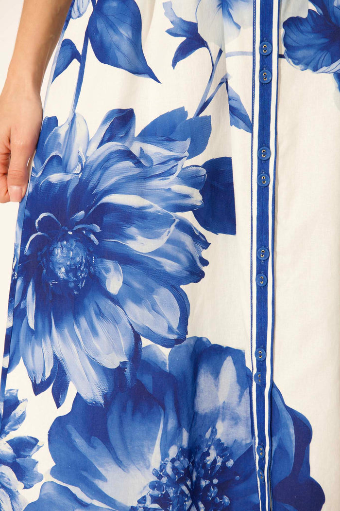 Zaraya Maxi Shirt Dress in Blue Floral Border Print Cotton fabric