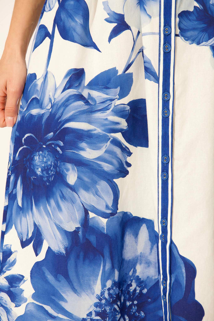 Zaraya Maxi Shirt Dress in Blue Floral Border Print Cotton fabric