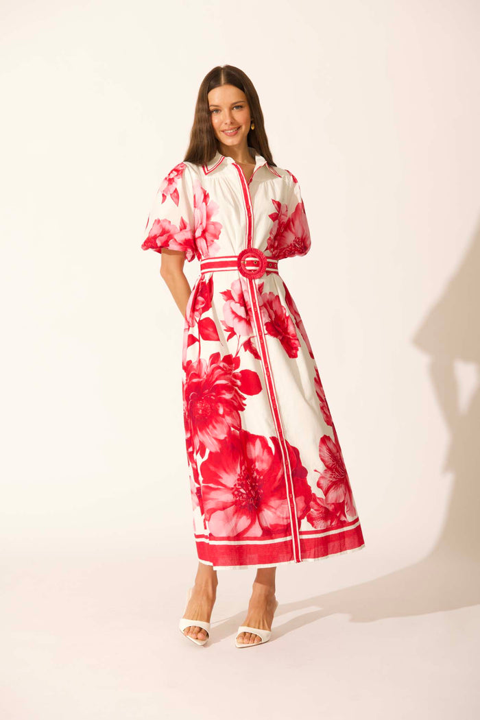 Zaraya Maxi Shirt Dress in Pink Floral Border Print Cotton full length