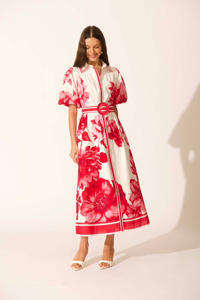 Zaraya Maxi Shirt Dress in Pink Floral Border Print Cotton full length