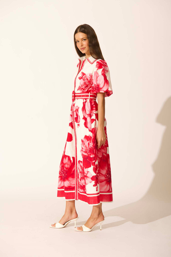 Zaraya Maxi Shirt Dress in Pink Floral Border Print Cotton side