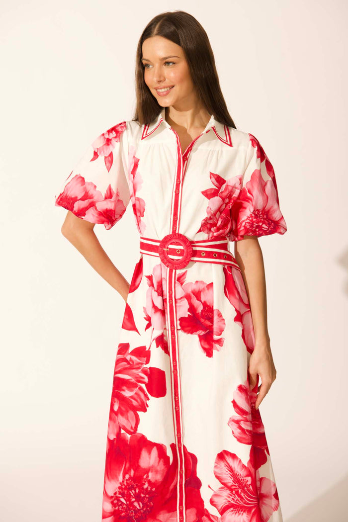 Zaraya Maxi Shirt Dress in Pink Floral Border Print Cotton front