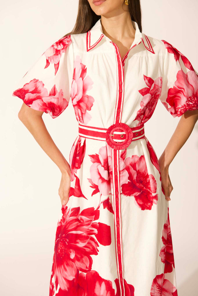 Zaraya Maxi Shirt Dress in Pink Floral Border Print Cotton detail