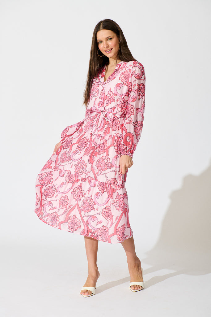 Halona Midi Dress in Pink with Paisley Print full length
