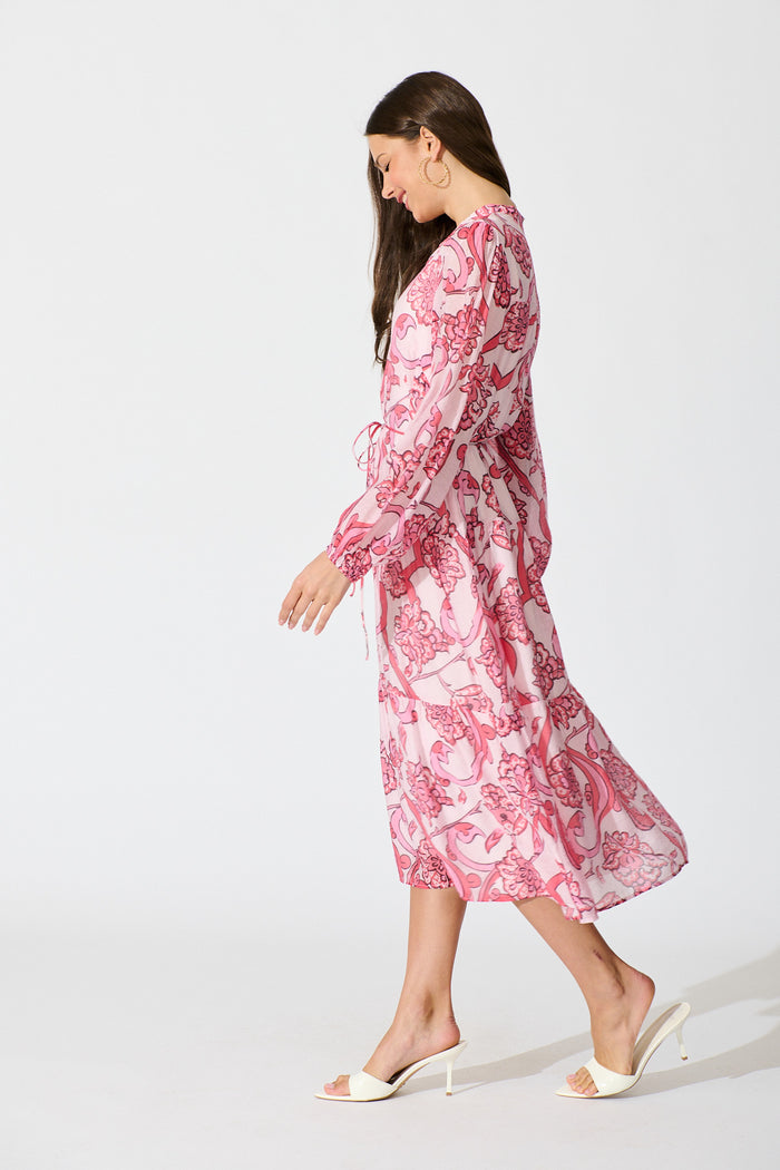 Halona Midi Dress in Pink with Paisley Print side