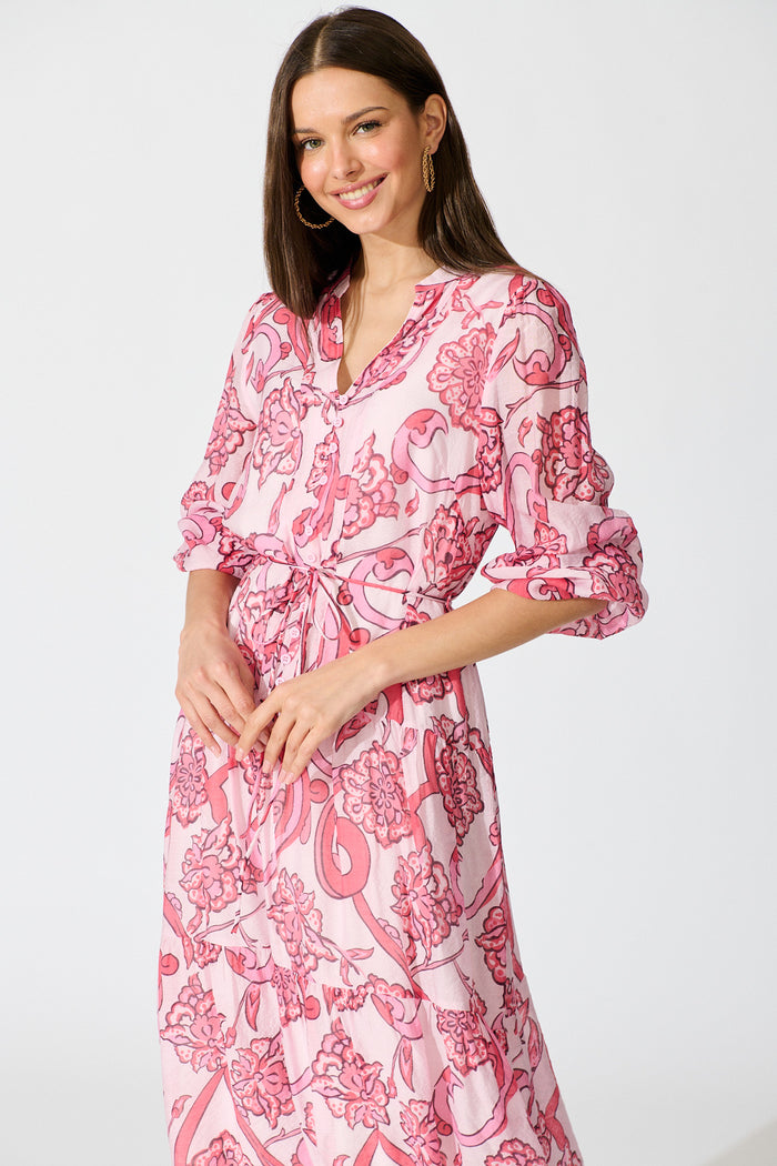 Halona Midi Dress in Pink with Paisley Print front