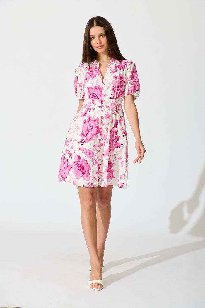 Caisy Dress in White with Purple Floral Cotton full length