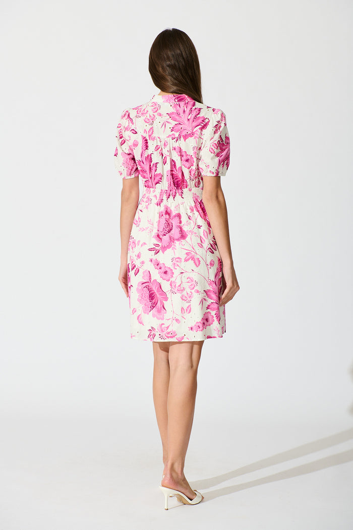 Caisy Dress in White with Purple Floral Cotton back