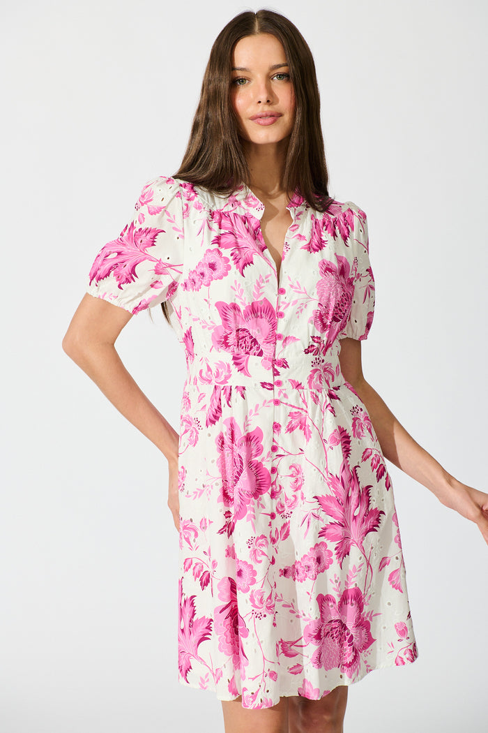 Caisy Dress in White with Purple Floral Cotton front