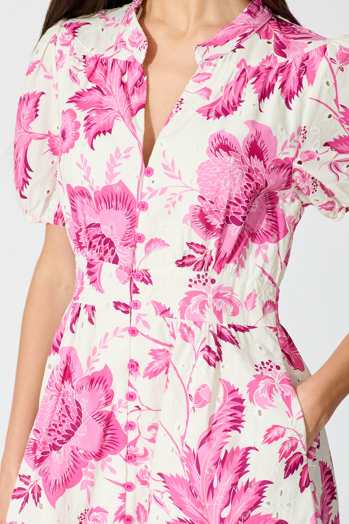 Caisy Dress in White with Purple Floral Cotton detail