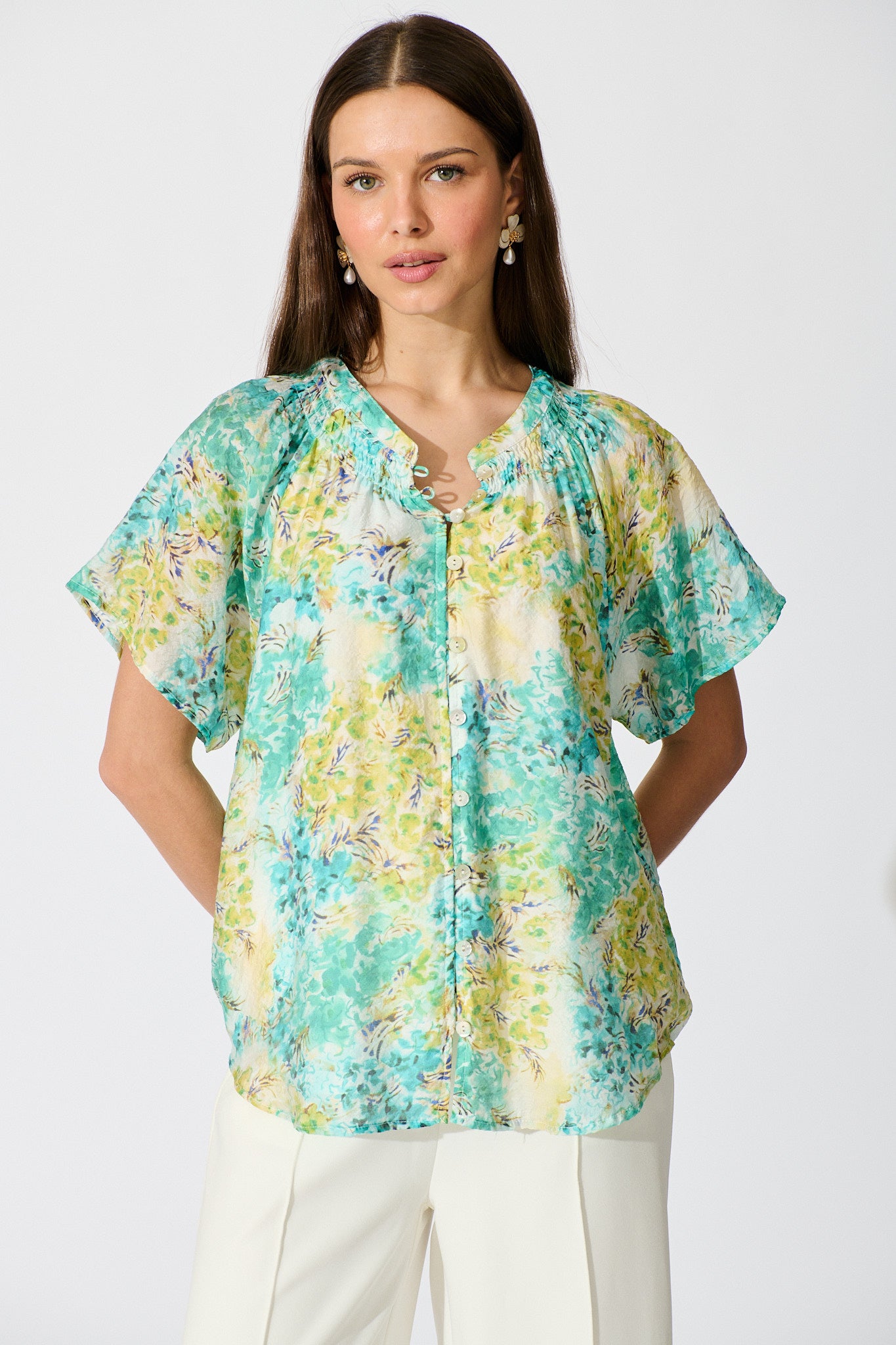 Lombard Top in Blue and Green Floral front