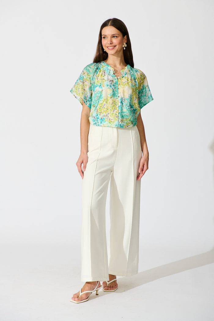 Lombard Top in Blue and Green Floral full length