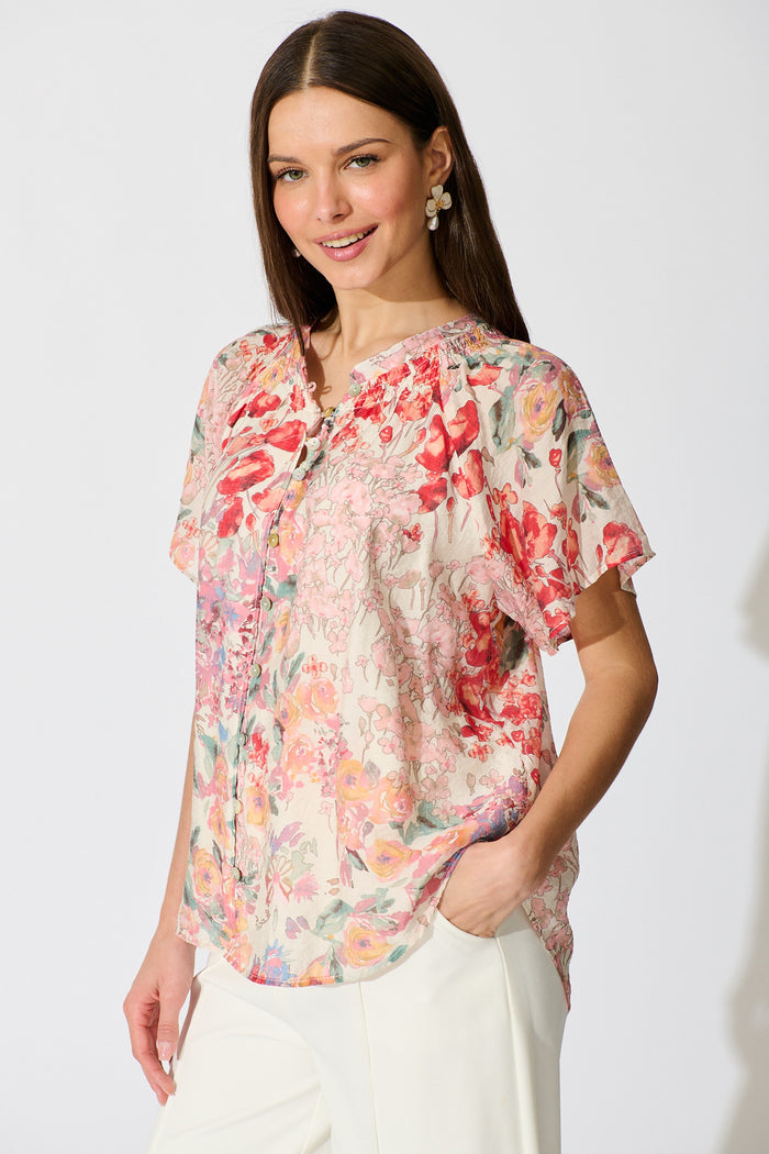 Lombard Top in Red and Multi Floral side