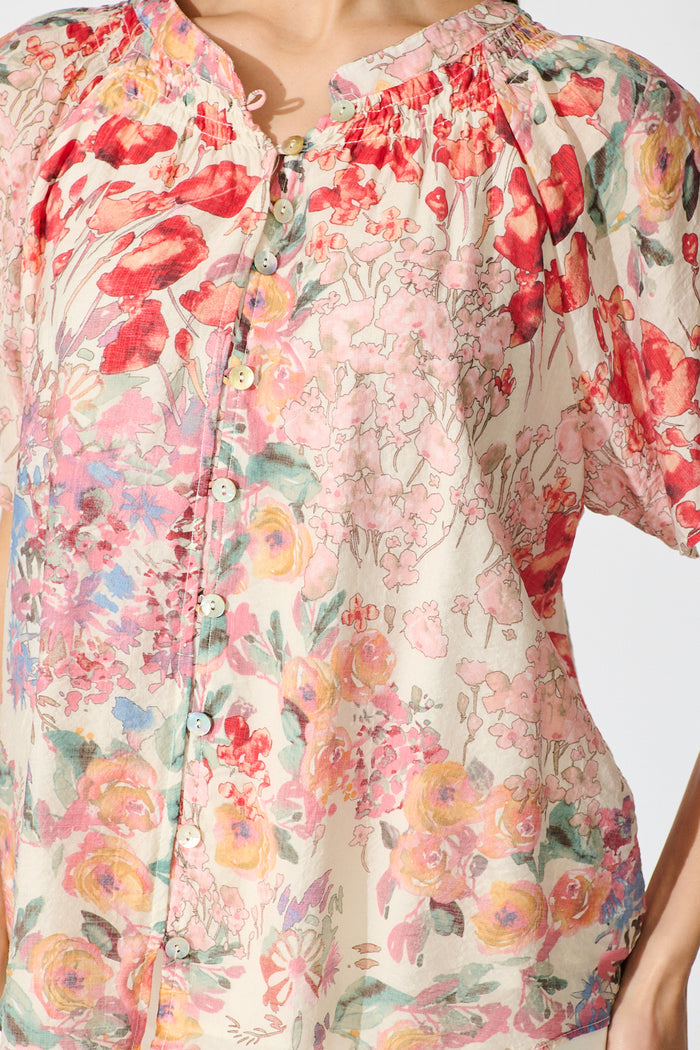 Lombard Top in Red and Multi Floral detail