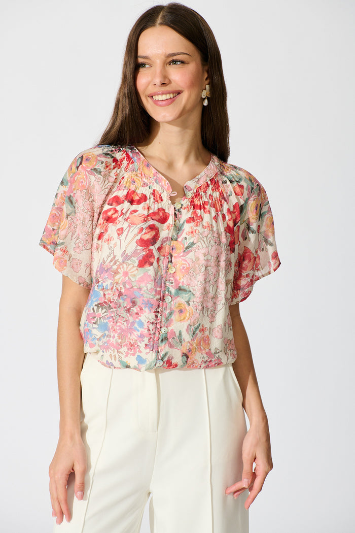 Lombard Top in Red and Multi Floral front