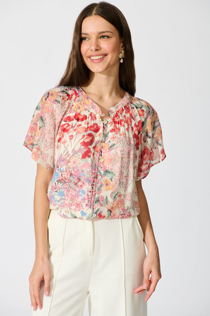 Lombard Top in Red and Multi Floral front