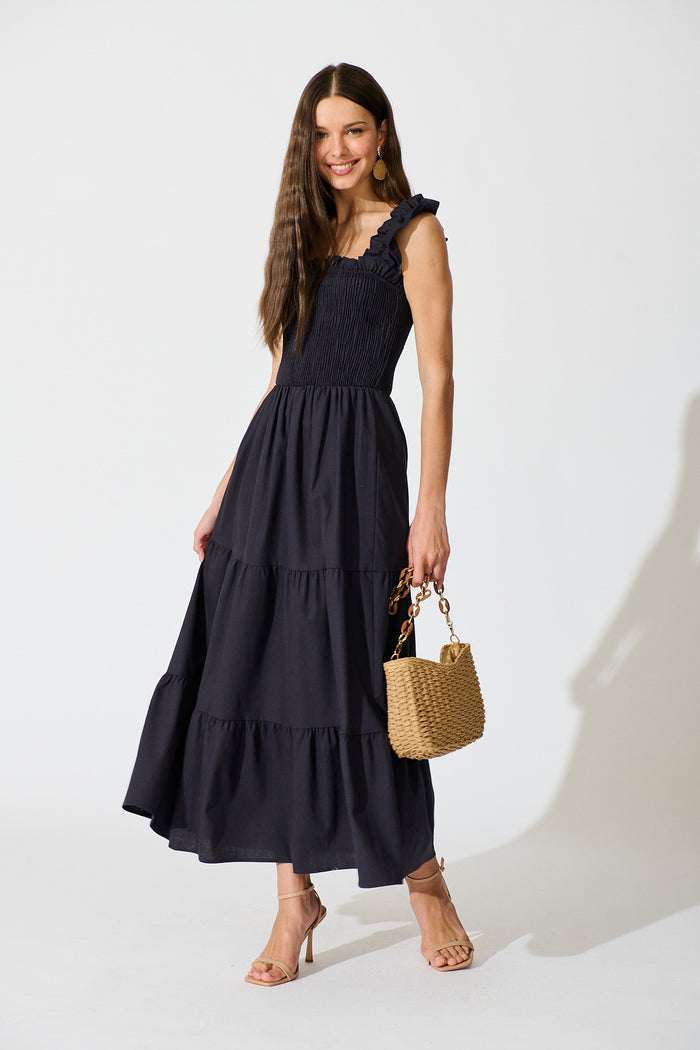 Ailsa Maxi Dress in Navy Cotton Linen Blend full length