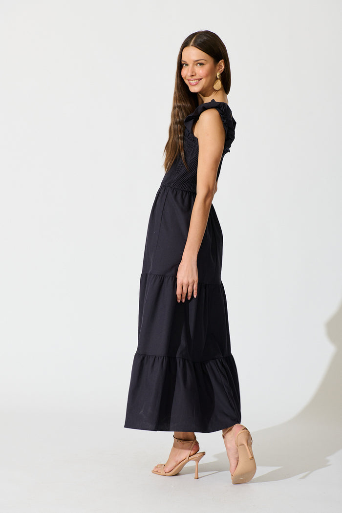 Ailsa Maxi Dress in Navy Cotton Linen Blend side