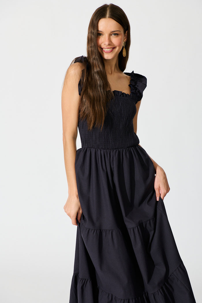 Ailsa Maxi Dress in Navy Cotton Linen Blend front