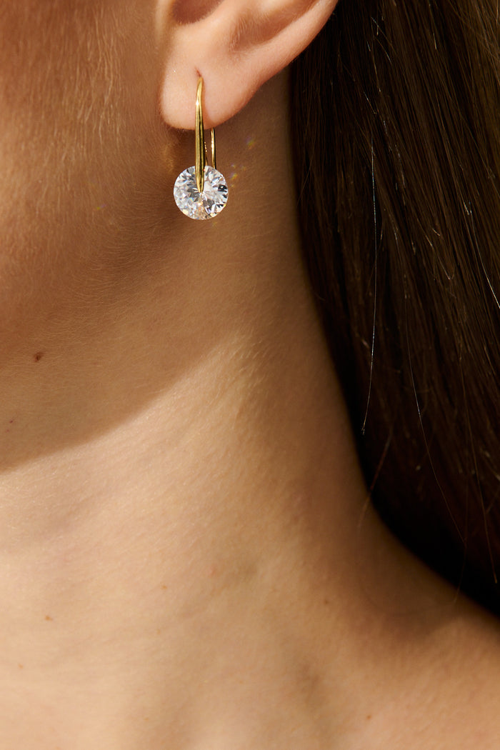 Avis Hook Earrings in Gold with Diamante on model close up